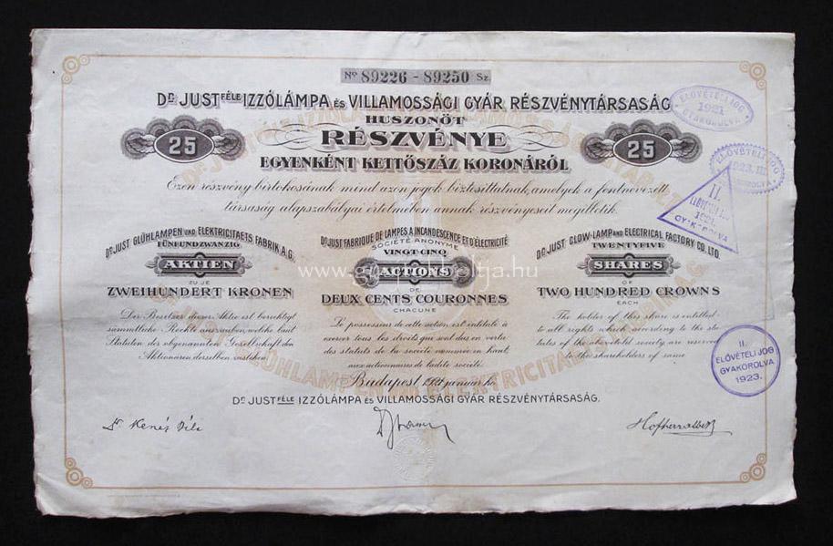 Dr Just-féle Izzólámpa részvény 25x200 korona 1921